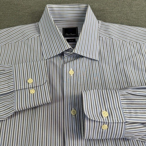 David Donahue‎ Trim Fit Dress Shirt 16 32/33 Blue Stripes Button Up Long Sleeve - Picture 13 of 13